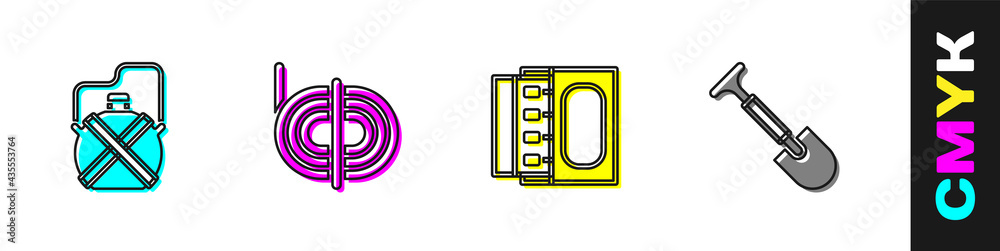 设置食堂水瓶、攀爬绳、火柴盒和火柴以及铲子图标。矢量