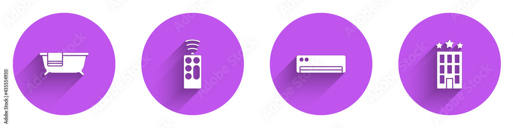 Set Bathtub, Remote control, Air conditioner and Hotel building icon with long shadow. Vector