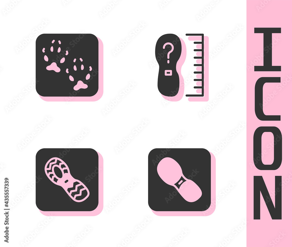 Set Human footprints shoes, Fox paw, and Square measure size icon. Vector