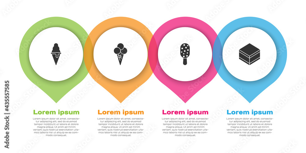 Set Ice cream in waffle cone, , and Brownie chocolate cake. Business infographic template. Vector