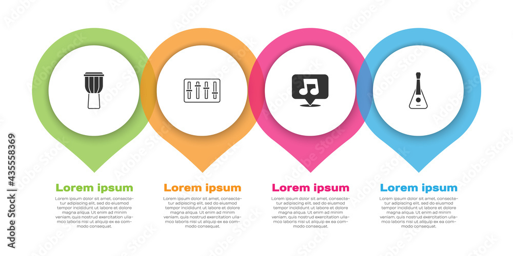置鼓、混音器控制器、音符、音调和吉他。商业信息图模板。矢量