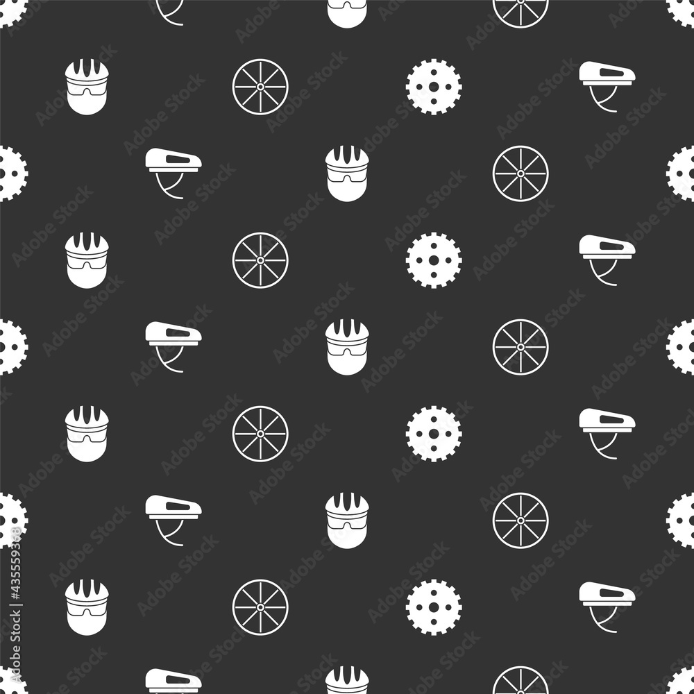 Set Bicycle sprocket crank, helmet, and wheel on seamless pattern. Vector