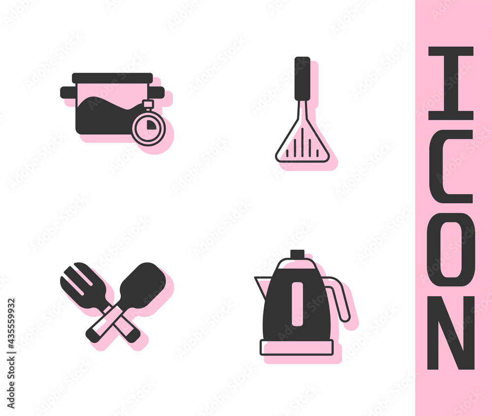 Set Electric kettle, Cooking pot, Crossed fork and spoon and Barbecue spatula icon. Vector