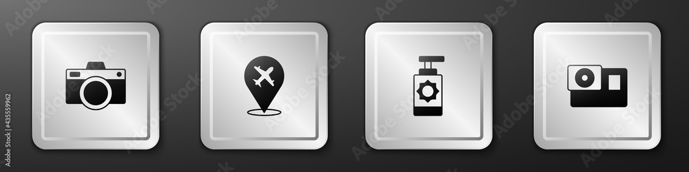 Set Photo camera, Plane, Sunscreen spray bottle and Action icon. Silver square button. Vector