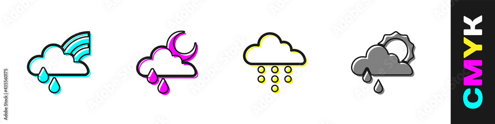 Set Rainbow with cloud and rain, Cloud moon, and sun icon. Vector