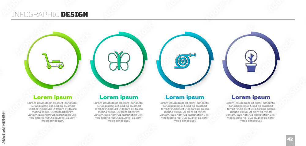 设置割草机、蝴蝶、花园软管和森林。商业信息图模板。Vector