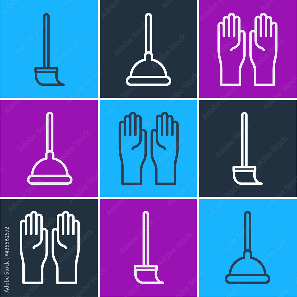 Set line Mop, Rubber gloves and Rubber plunger icon. Vector