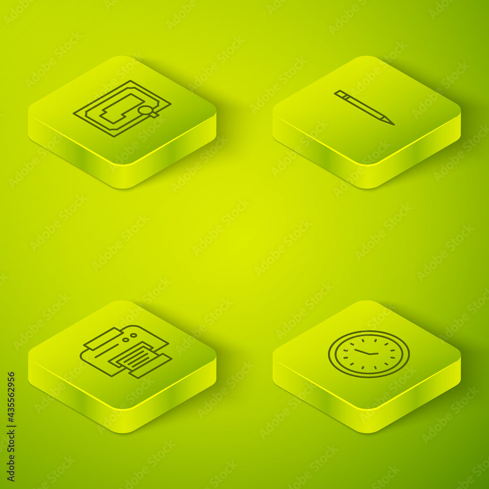 Set Isometric Pencil with eraser, Printer, Clock and Certificate template icon. Vector