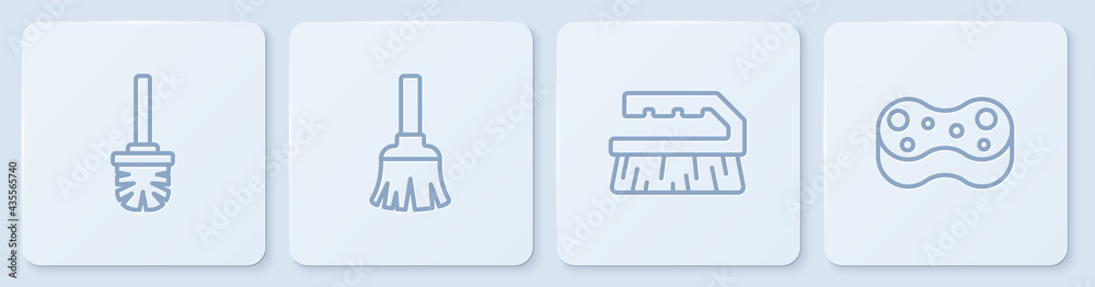 设置线马桶刷，清洁刷，羽毛扫帚和海绵。白色方形按钮。矢量