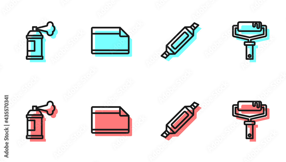 Set line Marker pen, Paint spray can, Paper adhesive sticker and roller brush icon. Vector