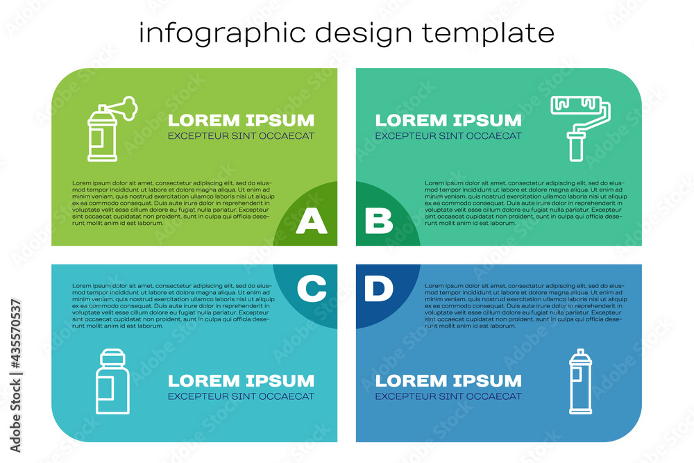 设置线条油漆、水粉、罐子、染料、喷雾罐和滚筒刷。商业信息图模板。Vecto