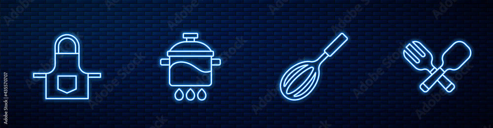 套装厨房搅拌器、围裙、烹饪锅和交叉叉勺。砖瓦上闪闪发光的霓虹灯图标