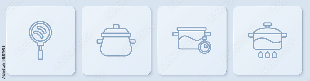 Set line Frying pan, Cooking pot, and . White square button. Vector