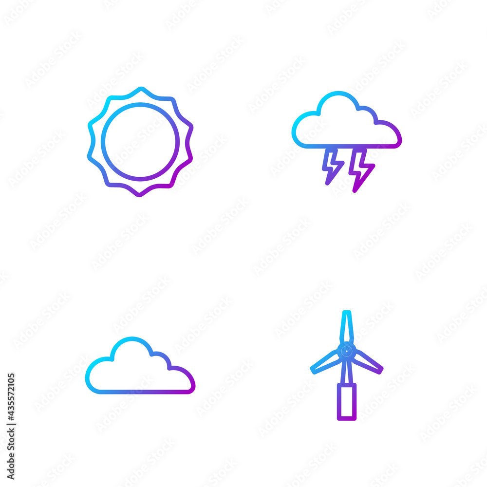 设置线风力涡轮机、云、太阳和风暴。渐变色图标。矢量