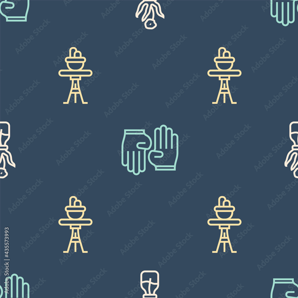 Set line Flower in glass bottle, Plant pot on table and Rubber gloves on seamless pattern. Vector