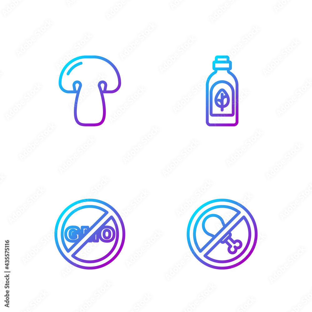 Set line No meat, GMO, Mushroom and Essential oil bottle. Gradient color icons. Vector