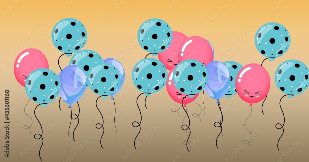 Composition of multiple blue and pink balloons with faces on yellow background