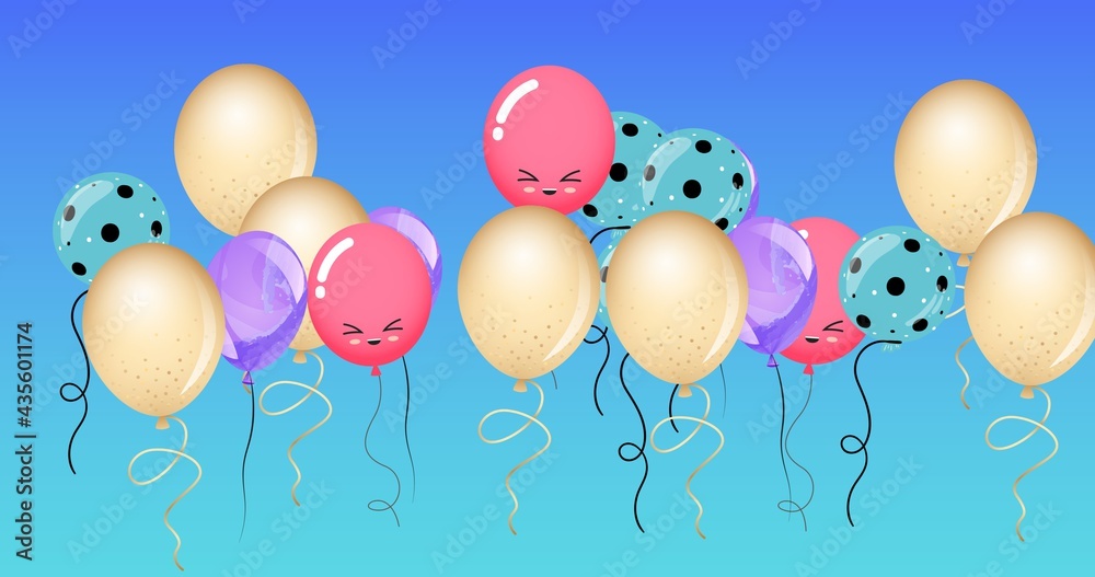 Composition of multiple red, purple and yellow balloons on blue background