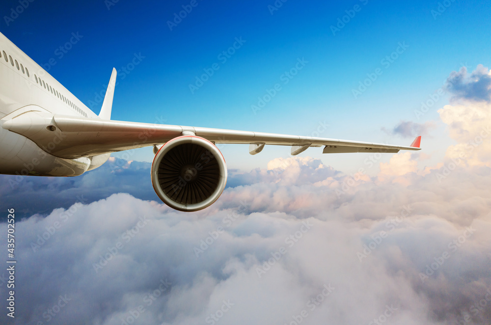 Detail of passengers commercial airplane wing