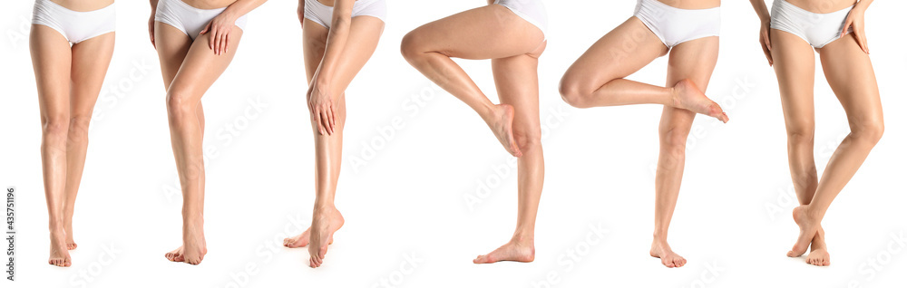 Legs of beautiful young women on white background