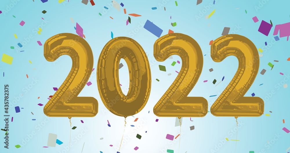 Composition of 2022 gold balloons numbers and confetti on blue background