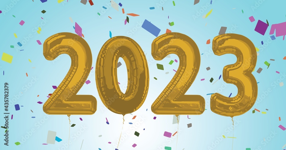 Composition of 2023 gold balloons numbers and confetti on blue background