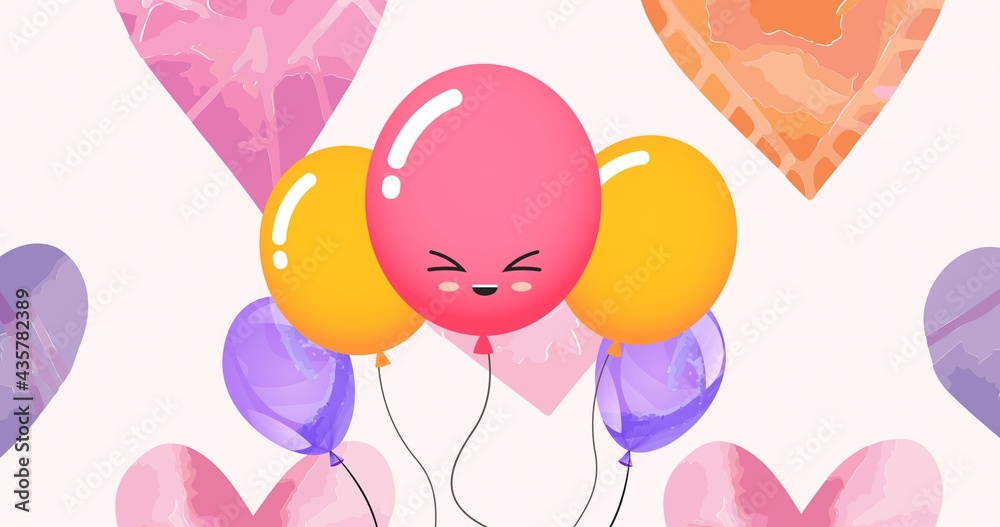 Composition of colourful balloons and hearts on pink background