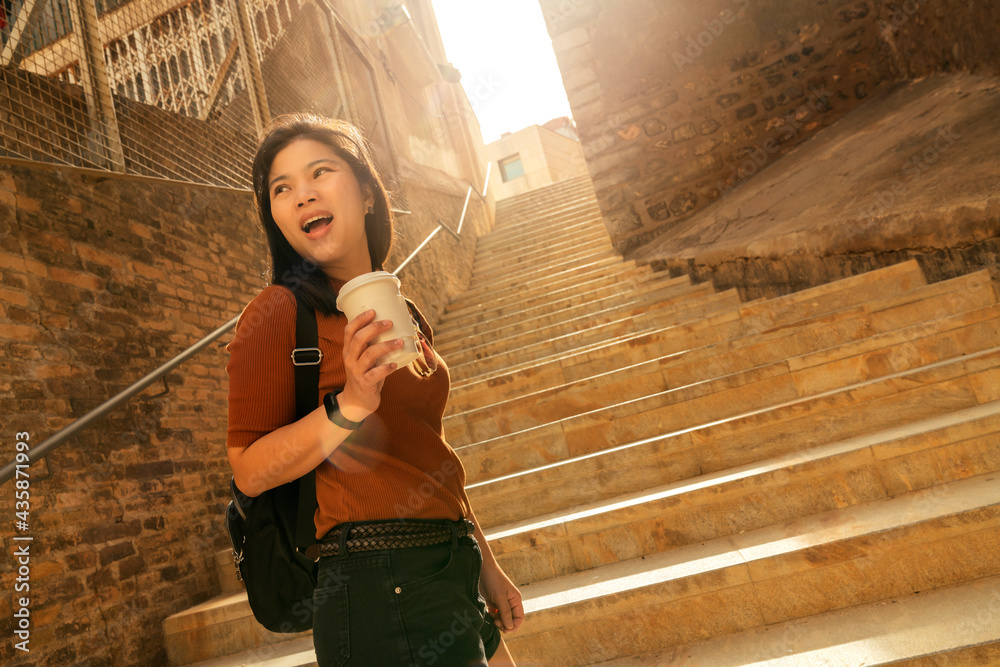 魅力亚洲女性旅行者旅游手用智能手机生活视频通话观光老石头