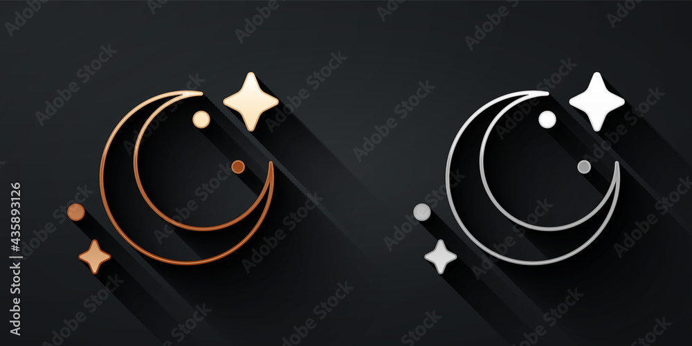 Gold and silver Moon and stars icon isolated on black background. Long shadow style. Vector