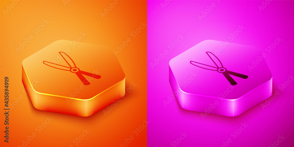 Isometric Gardening handmade scissors for trimming icon isolated on orange and pink background. Prun