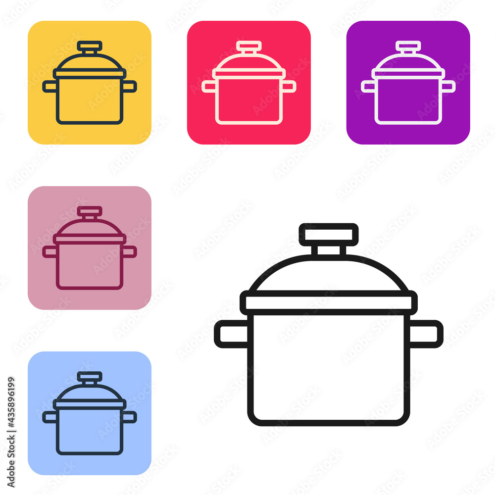 Black line Cooking pot icon isolated on white background. Boil or stew food symbol. Set icons in col