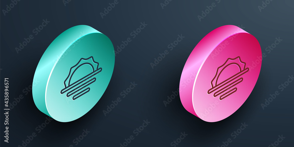 Isometric line Sunrise icon isolated on black background. Turquoise and pink circle button. Vector