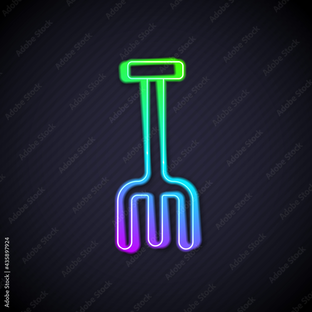 Glowing neon line Garden rake icon isolated on black background. Tool for horticulture, agriculture,