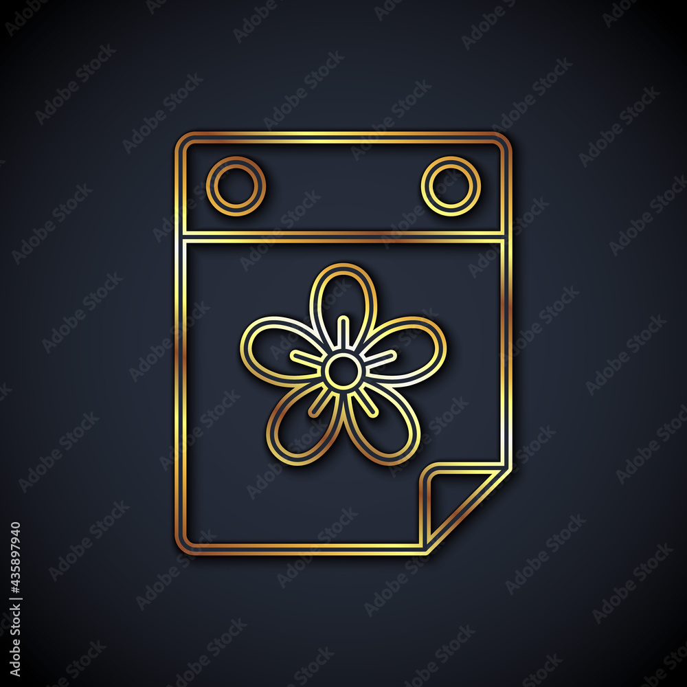 Gold line Calendar with flower icon isolated on black background. Vector