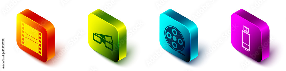 Set Isometric Play Video, 3D cinema glasses, Film reel and USB flash drive icon. Vector