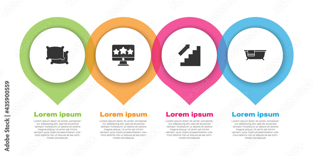 套装枕头，五星评级评论，楼梯和浴缸。商业信息图模板。矢量