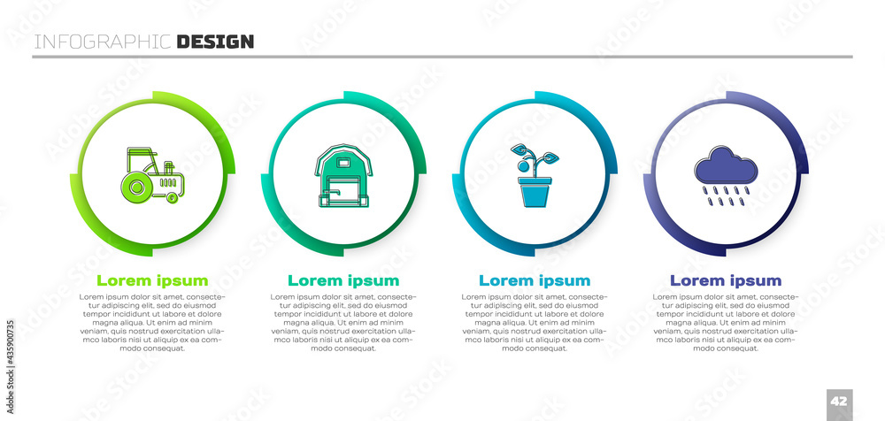 设置拖拉机、农舍、花盆和带雨的云。商业信息图模板。矢量