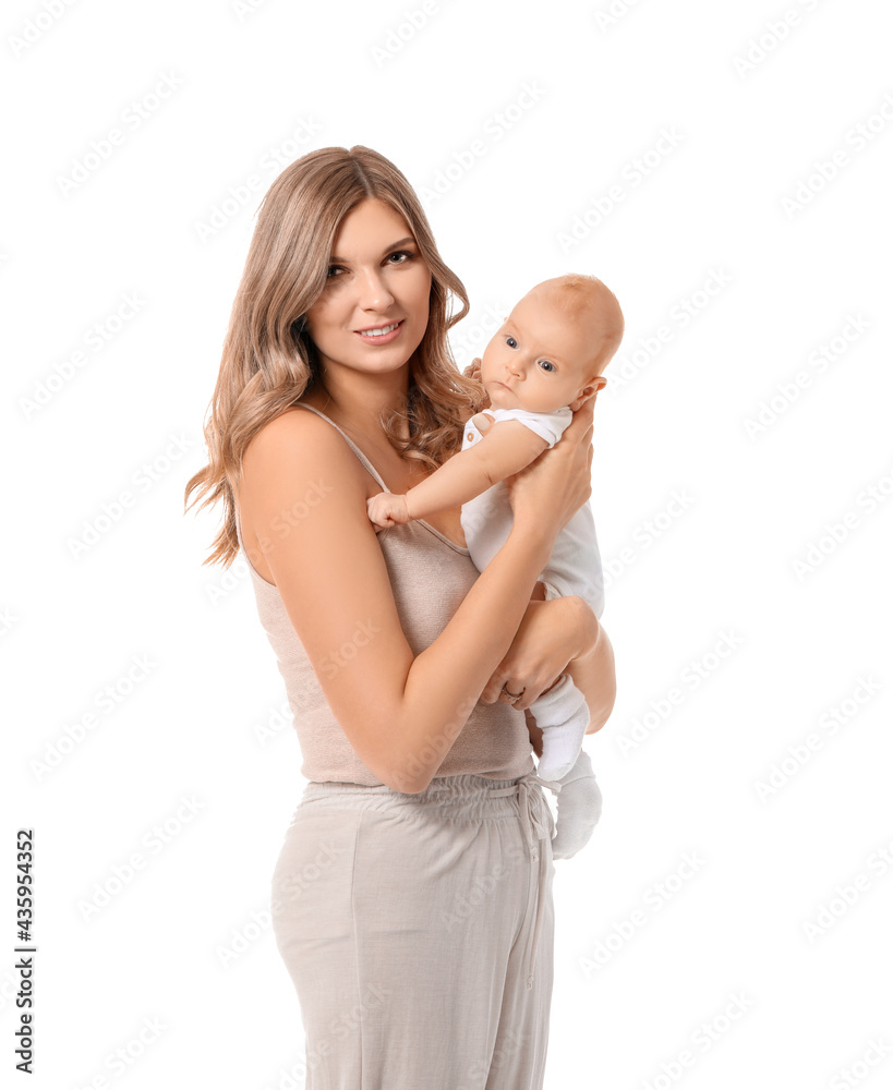 Happy mother with cute little baby on white background