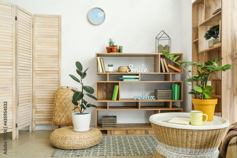 Interior of modern room with shelf units