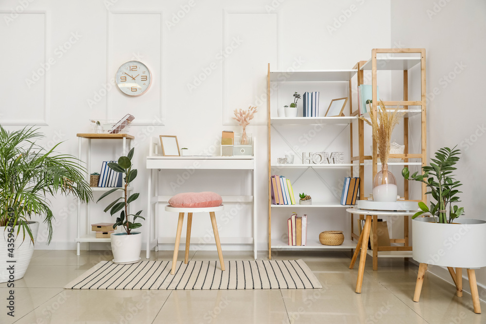 Interior of modern room with shelf units