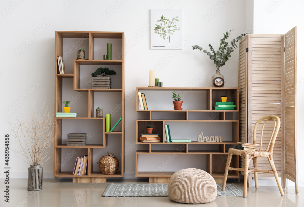 Interior of modern room with shelf units