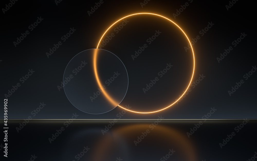 Neon light and frosted glass with black background indoor, 3d rendering.