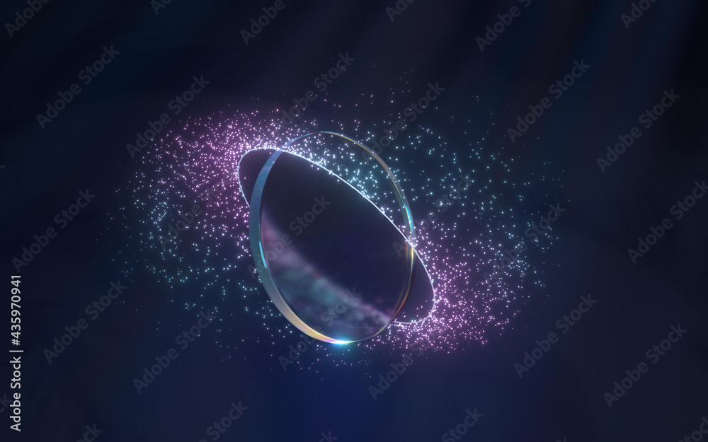 Round glass with light dispersion, 3d rendering.