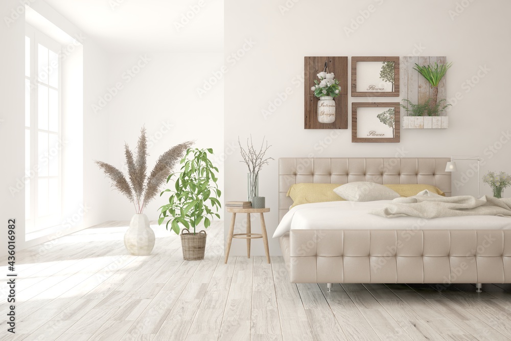 Soft color bedroom interior. Scandinavian design. 3D illustration