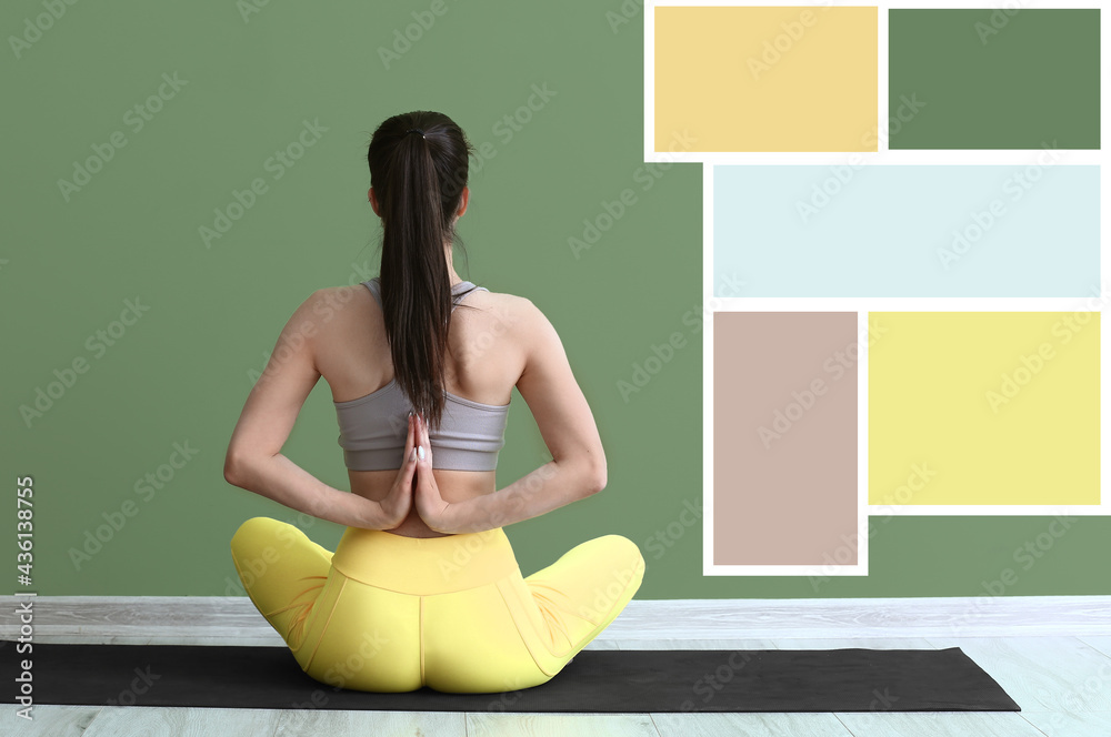 Young woman practicing yoga near green wall. Different color patterns