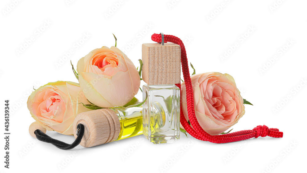 Floral car air fresheners on white background