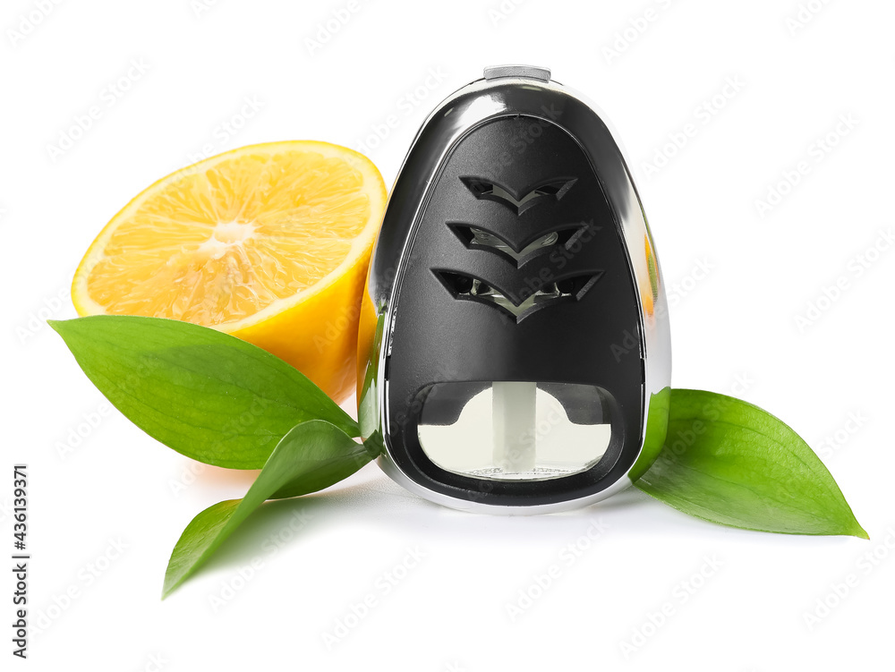 Citrus car air freshener on white background