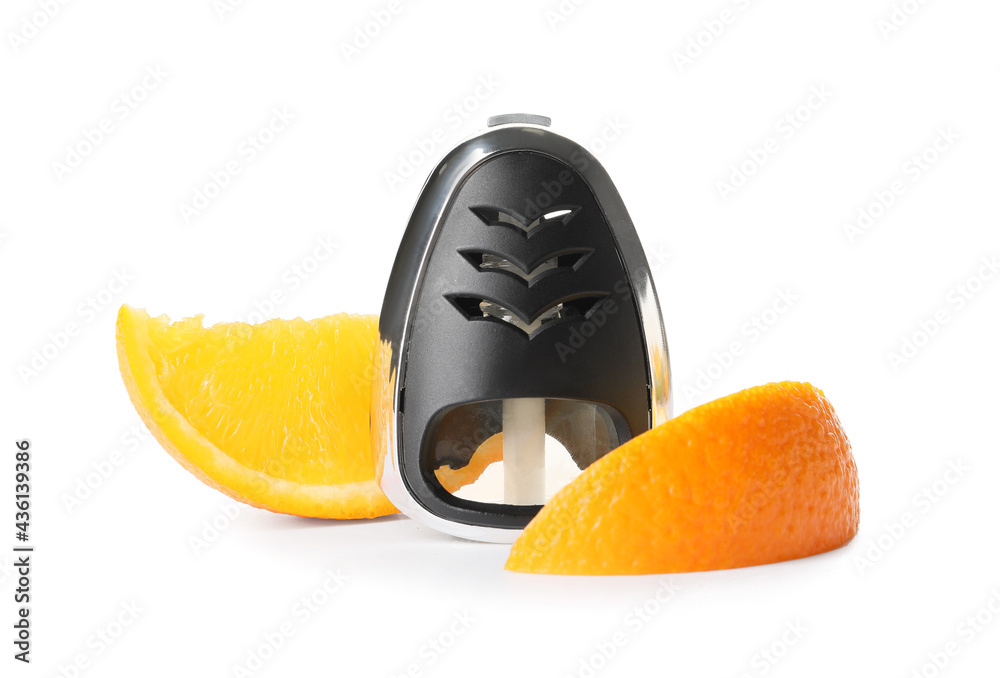 Citrus car air freshener on white background