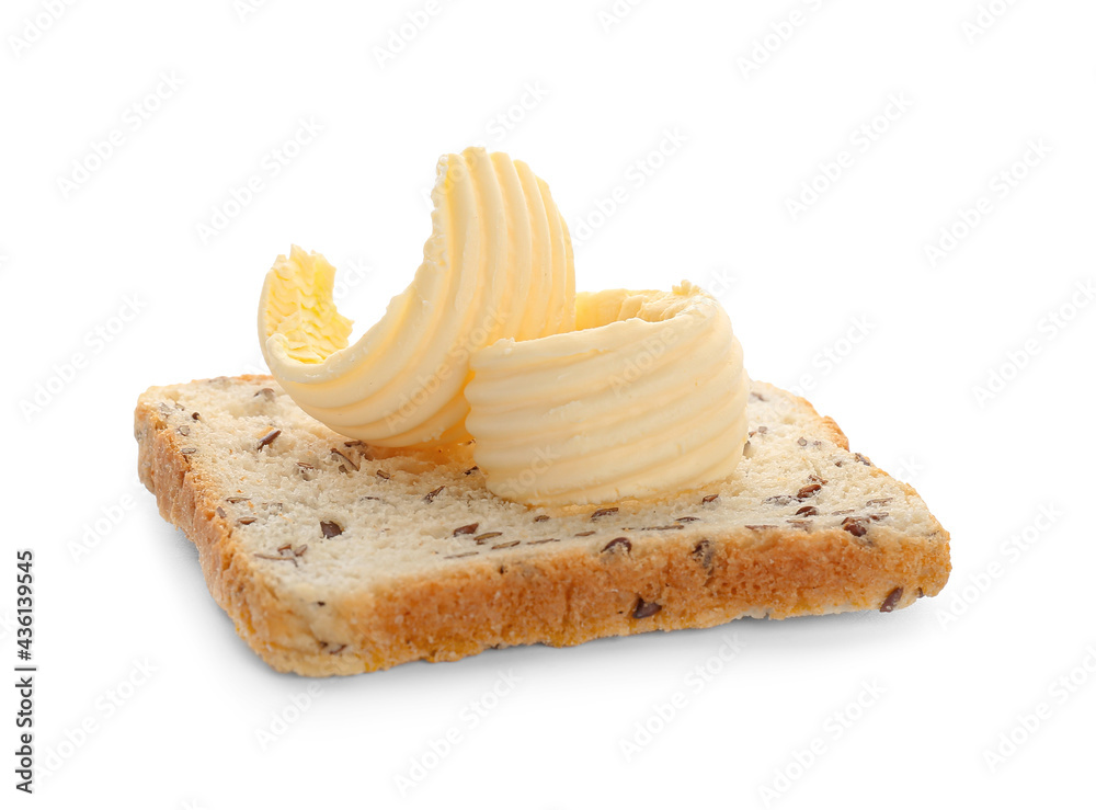 Slice of fresh bread with butter on white background