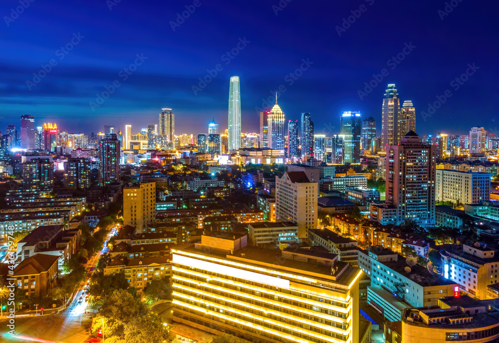 天津城市建筑景观天际线夜景航拍